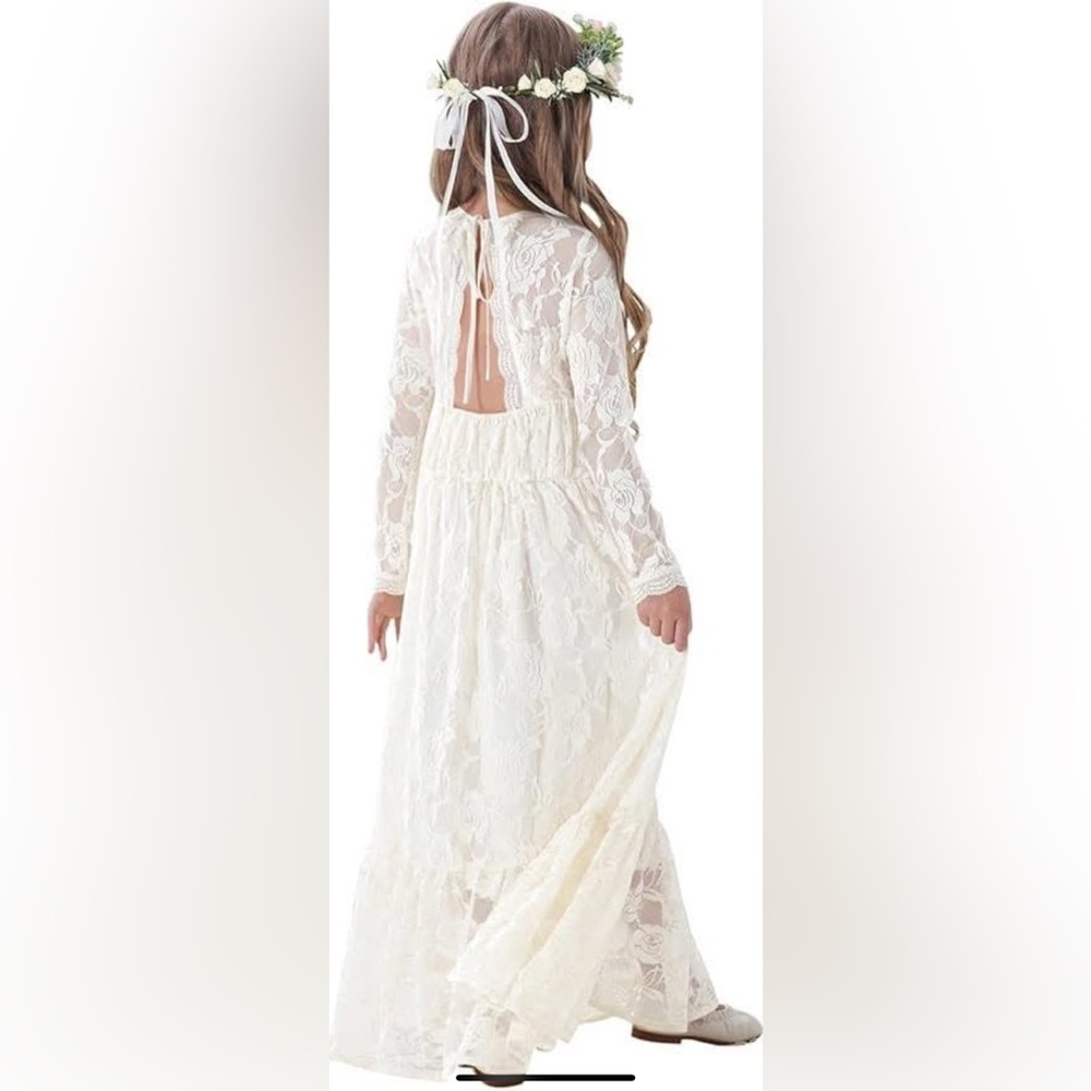 ALLOVIN Girls Long Sleeve Lace Flower Girl Dress Maxi Boho A-Line Dress Sz 11-12